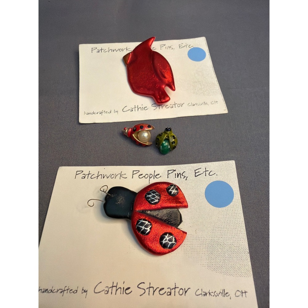 Cathie Streator Artisan Bird Ladybug Pins Lot of 4 Handcrafted Vintage Style